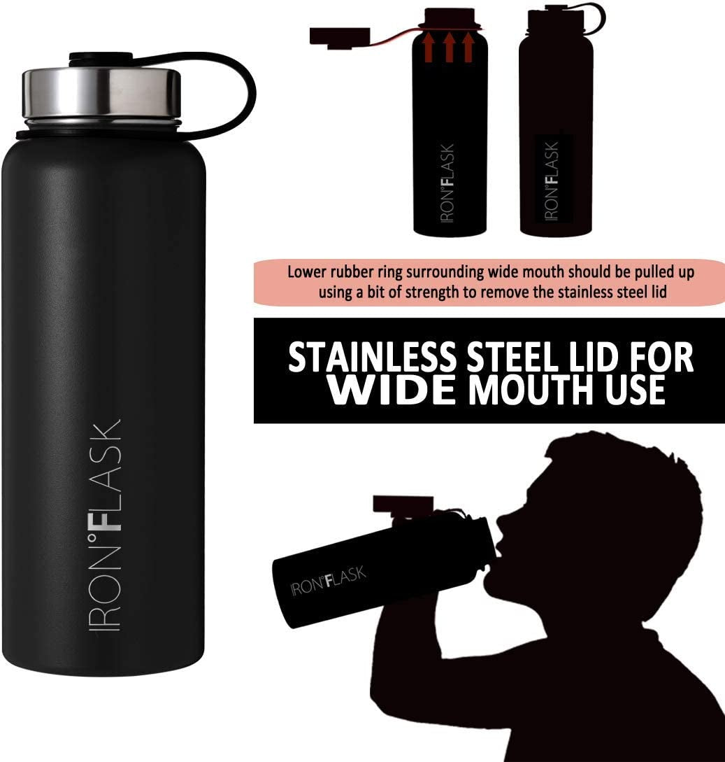 IRON °FLASK Sports Water Bottle - 40 Oz, 3 Lids (Straw Lid), Leak Proof, Vacuum Insulated Stainless Steel, Double Walled, Thermo Mug, Metal Canteen