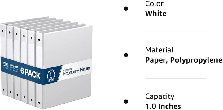 Premium Economy 1-Inch Binder, 3-Ring Binder for School, Office, or Home, Colored Binder Notebook, Pack of 6, round Ring, White